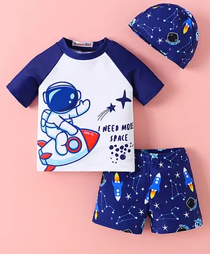 Kookie Kids Half Sleeves Two Piece  Swimsuit with Cap Astronaut Print -  Navy Blue