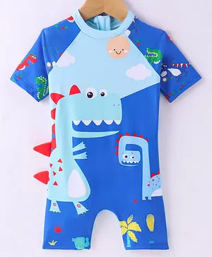 Kookie Kids Half Sleeves Legged Swimsuit with Dino Print -  Blue