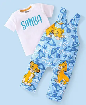 Babyhug Disney 100% Cotton Knit Single Jersey Dungaree & Half Sleeves T-Shirt With Lion King Print - White & Blue