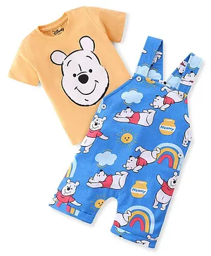 Babyhug Disney Cotton Knit Dungaree & Half Sleeves T-Shirt Set Winnie the Poo Print - Yellow & Blue
