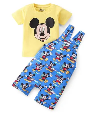 Babyhug Disney Single Jersey Knit  Dungaree with Half Sleeve T-Shirt  & Mickey Mouse  Print - Yellow & Blue