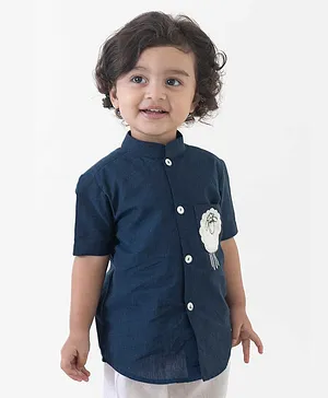 Tiber Taber Half Sleeves Placement Sheep Embroidered Shirt - Blue
