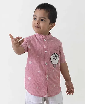 Tiber Taber Half Sleeves Striped & Sheep Embroidered Shirt - Pink