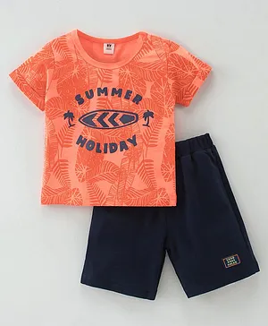 ToffyHouse Cotton Half Sleeves Text Printed T-Shirt & Shorts Set - Neon Orange