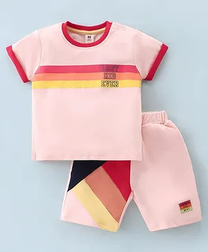 ToffyHouse Supercombed Cotton Half Sleeves Striped T-Shirt & Shorts Set - Light Peach