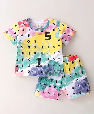 ToffyHouse Supercombed Cotton Half Sleeves Numbers Printed T-Shirt & Shorts Set - Multicolour