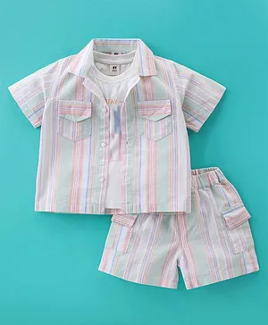 ToffyHouse Cotton Half Sleeves Yarn Dyed Striped Shirt with Inner Tee & Shorts - Multicolour