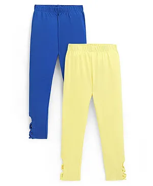 Honeyhap Premium Cotton  Elastane Single Jersey with Bio Finish Full Length Solid Color Leggings Pack of 2 - Elfin Yellow & Princess Blue