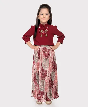 TINY BABY Three Fourth Sleeves Floral Embroidered Top With Seamless Printed Skirt - Maroon