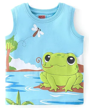 Babyhug 100% Cotton Knit Sleeveless T-Shirt with Frog Puff Print- Blue