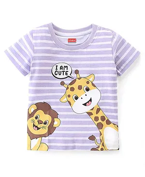 Babyhug Cotton Knit Half Sleeves Striped T-Shirt Giraffe Print - Purple