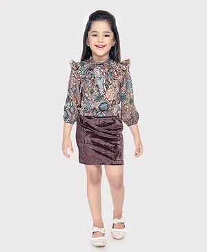 TINY BABY Three Fourth Sleeves Abstract Printed Top With Velvet Skirt - Brown