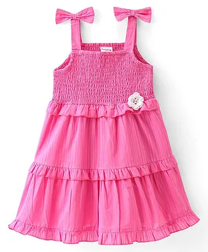Babyhug Cotton Woven Knit Sleeveless Frock with Floral Applique - Pink