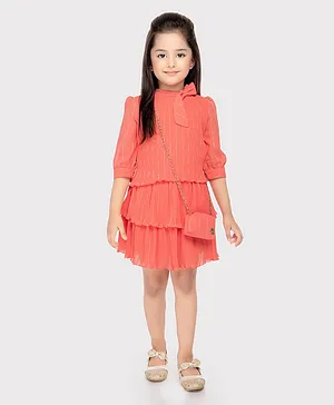 TINY BABY Three Fourth Sleeves Ribbed & Lurex Striped Top With Coordinating Skirt - Peach