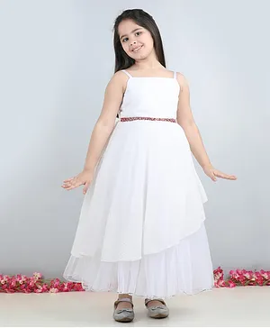 Toy Balloon Kids Sleeveless Shimmer Striped Designed & Sequin Embellished Waistband Layered Dress - White