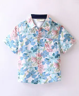 CrayonFlakes Half Sleeves Floral Printed Shirt - Off White & Blue
