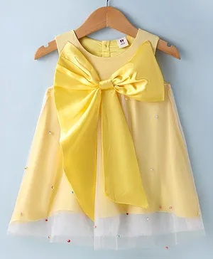 ToffyHouse 100% Cotton Woven Sleeveless Party Frock with Beads & Bow Applique - Yellow