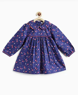 Campana 100% Cotton Full Sleeves Floral Printed Dress - Navy Blue