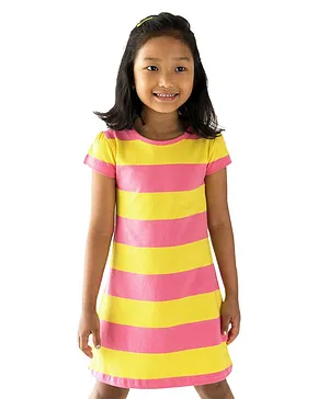 Campana 100% Cotton Jersey Half Sleeves Striped A Line Dress - Pink & Yellow