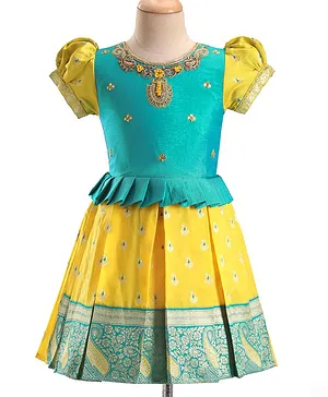 Enfance Half Puffed Sleeves Placement Beads Embellished & Paisley Foil Printed Box Pleated Dress - Yellow