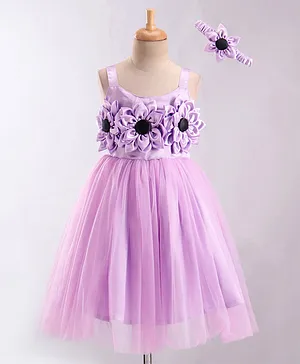 Enfance Sleeveless Flower Applique Detailed Flared Dress With Headband - Lavender