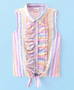 Babyhug Woven Sleeveless Front Open Striped  Top with Knot and Frill Detailing - Multicolour