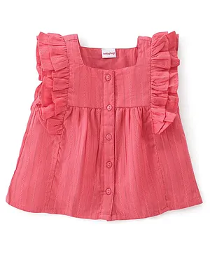 Babyhug 100% Cotton Woven Front Open Sleeveless Top with Frill Detailing - Pink