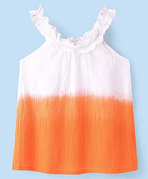 Babyhug Cotton Gathered Woven Sleeveless Solid Colour Top with Frills - Orange & White