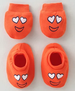 Simply Cotton Interlock Mittens & Booties Set Smiley Print - Orange