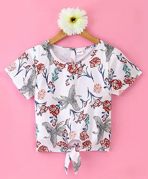 Kookie Kids Half Sleeves  Floral Printed Top with Knot Detailing - White