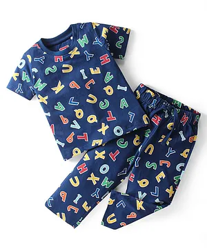 Babyhug Single Jersey Knit Half Sleeves  Night Suit with Alphabet Print - Navy Blue