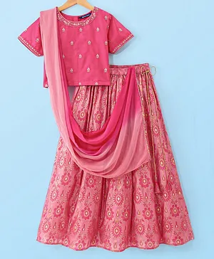Pine Kids Viscose Woven Half Sleeves Chanderi Lehenga Choli Set with Dupatta Set & Floral Embroidery -  Pink
