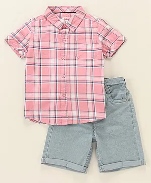 Babyhug Cotton Woven Half Sleeves Checks Shirt & Denim Shorts Set - Pink & Blue
