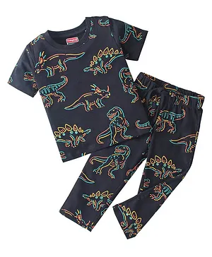 Babyhug Single Jersey Knit  Half Sleeves  Night Suit with Dino Print - Black