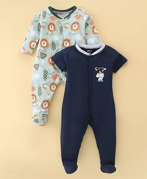 OHMS Single Jersey Knit Full Sleeves Footed Sleep Suit Lion & Elephant Print Pack of 2 - Multicolour