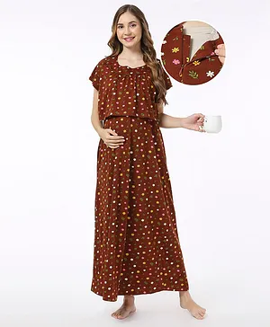 Bella Mama 100% Cotton Knit Half Sleeves Concealed Zipper Nursing Nighty Floral Print - Chocolate Brown