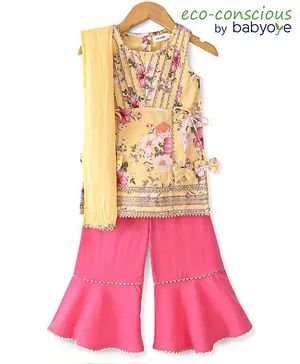 Babyoye Cotton Knit Sleeveless Floral Print  Kurti & Sharara  Set with Dupatta  - Yellow & Pink