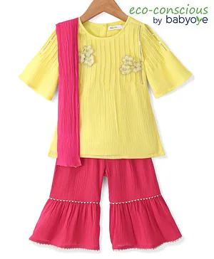 Babyoye Cotton Woven Three Fourth Sleeves Kurti & Churidar With Dupatta Set Floral Applique - Yellow & Pink
