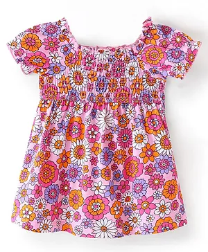 Babyhug Single Jersey Knit Half Sleeves Frock Floral Print - Pink