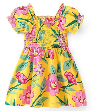 Babyhug 100% Cotton Knit Single Jersey Half Sleeves Frock With Floral Print - Yellow & Green