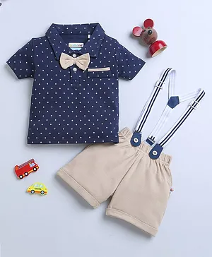 BUMZEE Interlock Half Sleeves  Star Printed Tee & Shorts Set With Suspender - Beige & Navy Blue