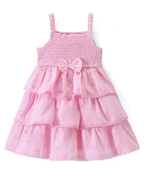 Babyhug 100% Cotton Woven Sleeveless Frock with Schiffli Design & Bow Applique - Pink