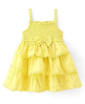 Babyhug 100% Cotton Woven Sleeveless Frock with Schiffli Design & Bow Applique - Yellow