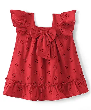 Babyhug 100% Cotton Woven Frock Flower Embroidery Design with Bow Applique -  Red