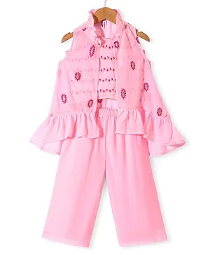 Babyhug Woven Sleeveless Top &  Palazo Set with Floral Embroidered Jacket - Pink