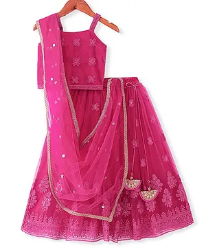 Babyhug Woven Sleeveless Net Sequinned  Embroidered Choli Lahenga and Dupatta-Hot Pink