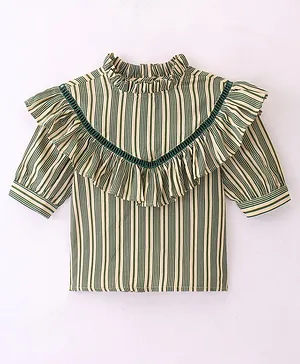 Hugsntugs Cotton Half Sleeves Striped & Frilled Detailed Top - Green