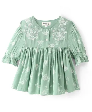 Hugsntugs Cotton Half Sleeves Floral Embroidered Top - Green