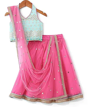Babyhug Sleeveless  Foil Printed Choli & Embroidered  Lehenga Set with Dupatta - Pink & Blue