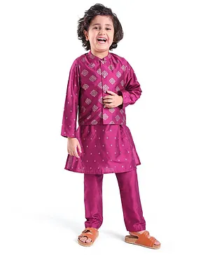 Babyhug Woven Full Sleeves Kurta & Pajama Set with Foil Printed Jacket - Magenta